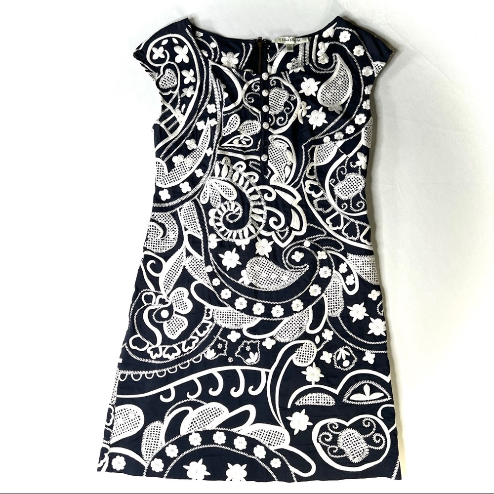 Anthro Beth Bowley dress navy with ornate white embroidery/ 4